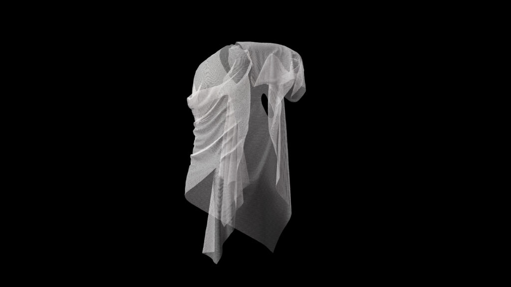 3D virtual textile sculpture, textile wrapped around invisible human body. Visual art series that derives from a fashion collection presented at fashion runway: London Fashion Week.